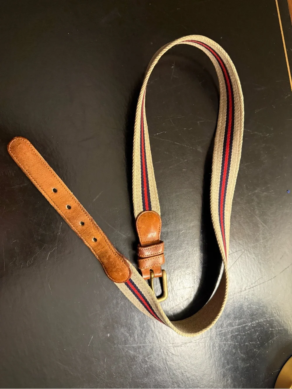 Coach Beige Canvas Belt with Brown Leather and Red/Navy Stripe